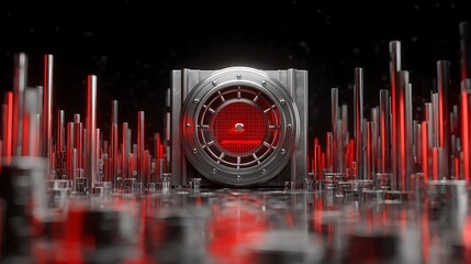 A futuristic digital graphic of a red and silver safe surrounded by glowing red bars on a black background