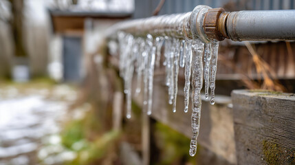 Frozen icicles after rain on pipe, winter weathering, ice accumulation, cold climate conditions, plumbing exterior, seasonal damage, with copy space