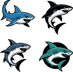 Obraz premium Cute cartoon shark set with various sharks swimming in the ocean, illustrated in a simple vector style on a clean background
