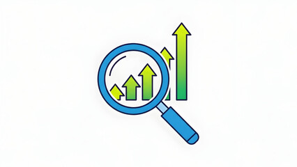 Magnifying glass with growing chart arrows.