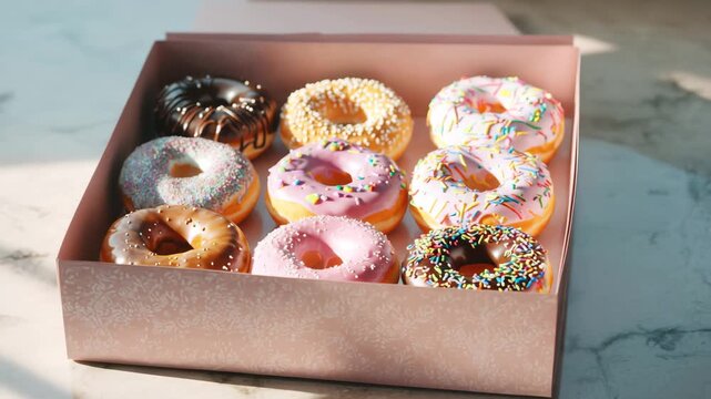 Ultra HD Assortment of nine glazed and sprinkled donuts in a pink bakery box on a marble surface with natural light video