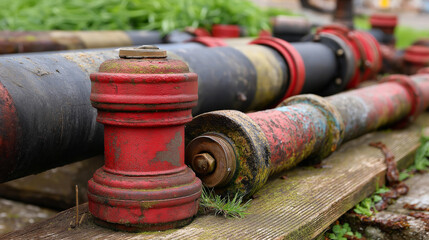 Old broken sludge polypropylene plumbing pipes, red rust and limescale, corrosion concept, hard water damage, deteriorated infrastructure, with copy space