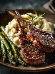 Macro shot of perfectly seared lamb chops served with seasoned mashed potatoes and fresh green asparagus