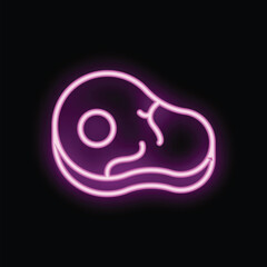 Obraz premium Neon pink steak icon glowing on dark background representing steak house, bbq party or butcher shop