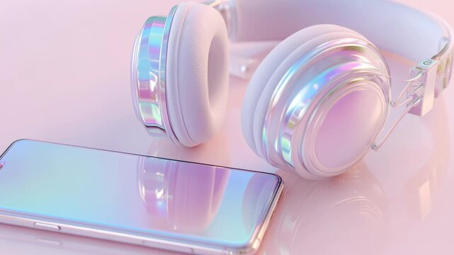 Iridescent headphones and a phone on a white simple background, Soft lighting effects and pastel aesthetic. Pair of transparent headphones. Rainbow light glowing. Sense of balance in dreamy style.