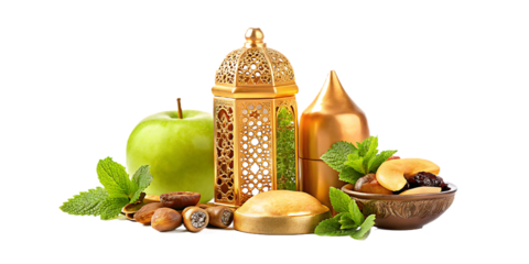 Green apple and gold lantern with nuts and dried fruits on white background isolated on a transparent background