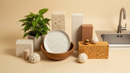Harmonious display of natural textures and modern household items with a kitchen sink