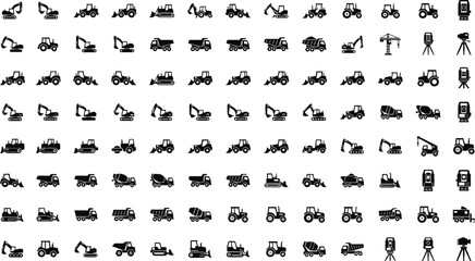 Mega collection of heavy machinery icons featuring excavators dump trucks tractors bulldozers and construction vehicles for industrial engineering and site logistics © Sammi's World