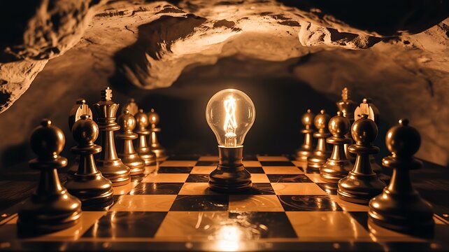 Strategic business chess board with glowing lightbulb idea concept
