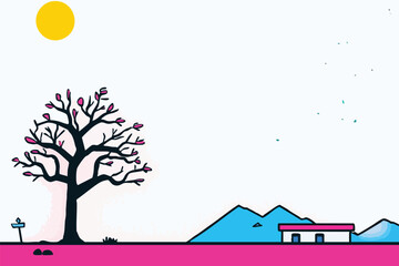 A vibrant illustration showcases a stylized tree with bare branches, a small house, and mountains under a bright yellow sun, set against a clean, colorful background.