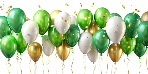 Green white and gold balloons with confetti on white background isolated on a transparent background