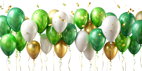 Green white and gold balloons with confetti on white background isolated on a transparent background