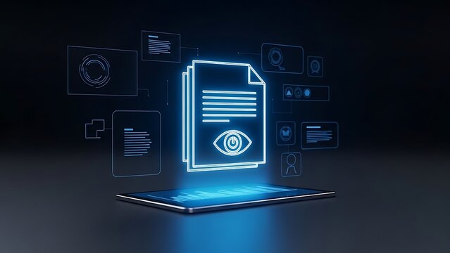 Digital Document with Eye Icon Representing Privacy Data Monitoring and Security - Powered by Adobe
