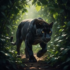 Black Panther Jaguar Forest Dark Jungle Majestic Wild with Intense Yellow Eyes in Tropical Foliage