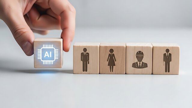 Hand placing ai block next to human worker blocks on table