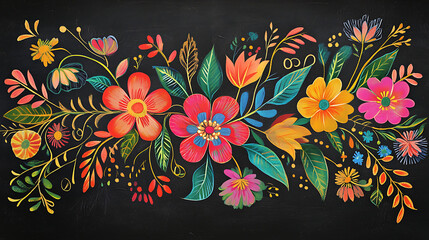 Explosive folk art blooms in fiery reds, sunny yellows, and vivid pinks dance across a dark textured canvas, radiating cultural vibrancy and hand painted energy.
