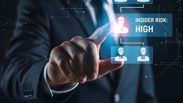 Businessman interacts with virtual interface highlighting insider risk levels