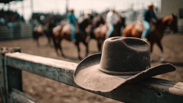 Ultra HD Closeup of a brown cowboy hat resting on a weathered wooden fence rail with blurred rodeo riders on horseback in the background video