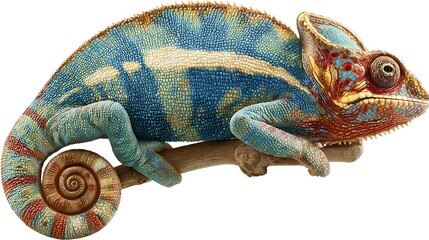 Naklejka premium chameleon changing color on the branch isolated on white background