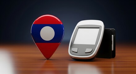 Laos flag location pin with modern glucometer on wooden desk