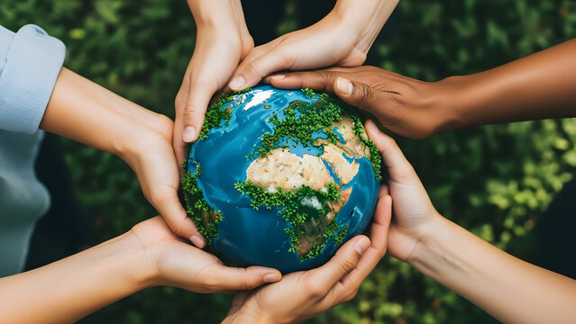 People of different ethnicities holding a globe together in a natural setting