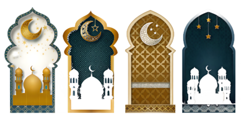 Islamic archway with mosque silhouettes on white isolated on a transparent background crescent moon stars
