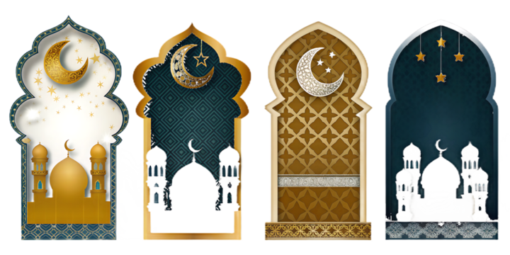 Islamic archway with mosque silhouettes on white isolated on a transparent background crescent moon stars - Powered by Adobe