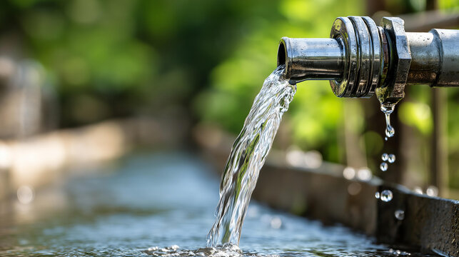 Water flowing from pipe to water source, technology for clean drinking water, industrial use, abstract background, well to pipe flow, with copy space