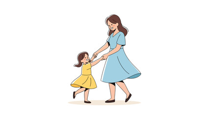 Mother holding hands with daughter, both wearing dresses and smiling at each other.