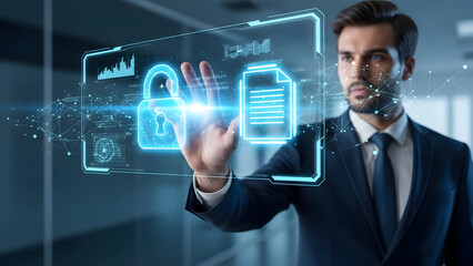 Businessman interacts with virtual security padlock and document icons
