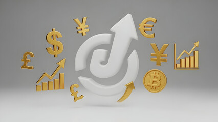 Financial growth with currency symbols around.