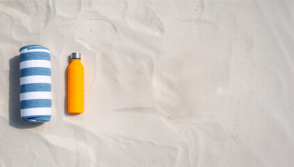 Protetor solar e toalha de praia listrada sobre areia clara em conceito de ver&atilde;o