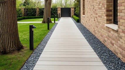 Modern garden pathway with gray wooden planks bordered by small rocks and black bollard lights alongside a brick house and well manicured lawn with trees