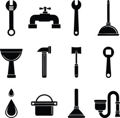 Plumbing icons, repair tools, water faucet, wrench gear, pipe system, plunger pump, maintenance service, bathroom hardware, leakage fix
