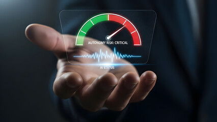 Hand holding a futuristic display showing a gauge with autonomy risk critical and a fluctuating graph