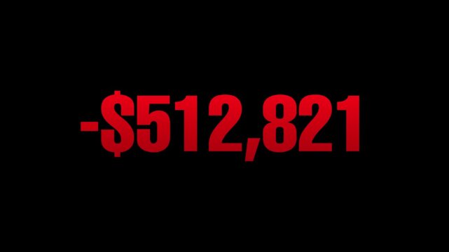 Negative Dollar Counter animation isolated on black background