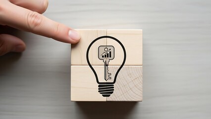 Hand holding wooden block with lightbulb and key symbolizing business idea and innovation