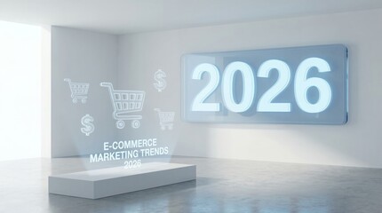 Futuristic visualization of "E-commerce Marketing Trends 2026" with holographic icons in a clean 3D interior, concept for market research, digital advertising and business strategy development