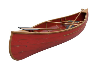 Vibrant red canoe with wooden trim on black background