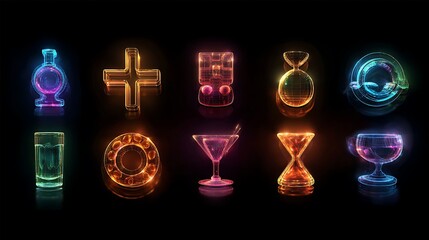 A collection of vibrant neon-lit cocktail glasses and symbols on a dark background