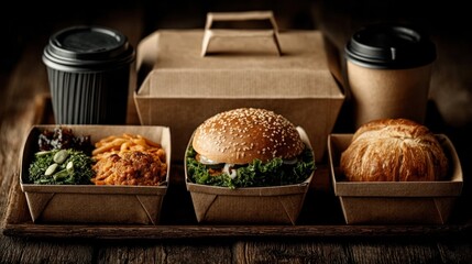 Collection of takeout containers with food and beverages placed neatly for delivery