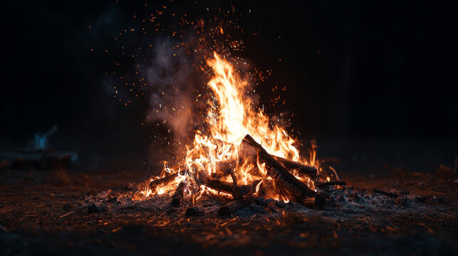 Glowing outdoor campfire at night with flying sparks and burning wood logs for camping and warmth concept