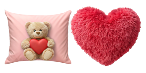 Teddy bear on pink pillow holding red heart next to fuzzy heart pillow on white isolated on a transparent background