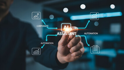 Business professional engaging with a futuristic AI assistant interface, symbolizing digital transformation, corporate automation, and smart technology for optimized business performance