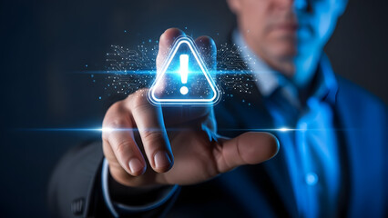Businessman pointing to a digital warning sign, symbolizing critical security alerts and proactive risk management in a modern technology and business environment