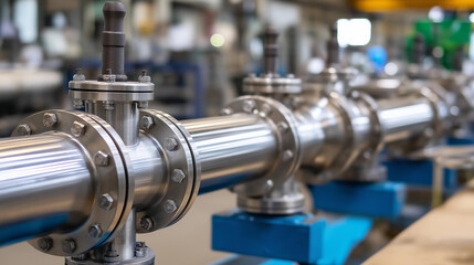 Fototapeta premium Stainless steel industrial pipes with valves in factory, manufacturing infrastructure, processing equipment, fluid control systems, metallic components, with copy space