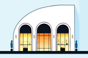 A modern, minimalist illustration depicts a stylish building with arched windows and warm interior lighting, showcasing contemporary design and a welcoming atmosphere against a light blue backdrop.