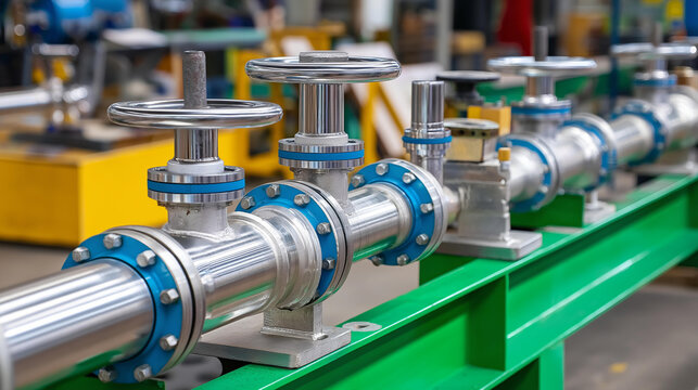 Stainless steel industrial pipes with valves in factory, manufacturing infrastructure, processing equipment, fluid control systems, metallic components, with copy space