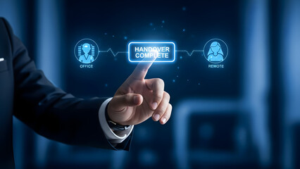 Fototapeta premium Digital Handover Completion Businessman's Hand Interacting with Virtual Interface Confirming Successful Task Transfer and Responsibility Shift