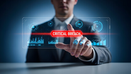 Professional identifies and addresses a critical data breach within a secure digital network, highlighting urgent cybersecurity threats and system vulnerabilities